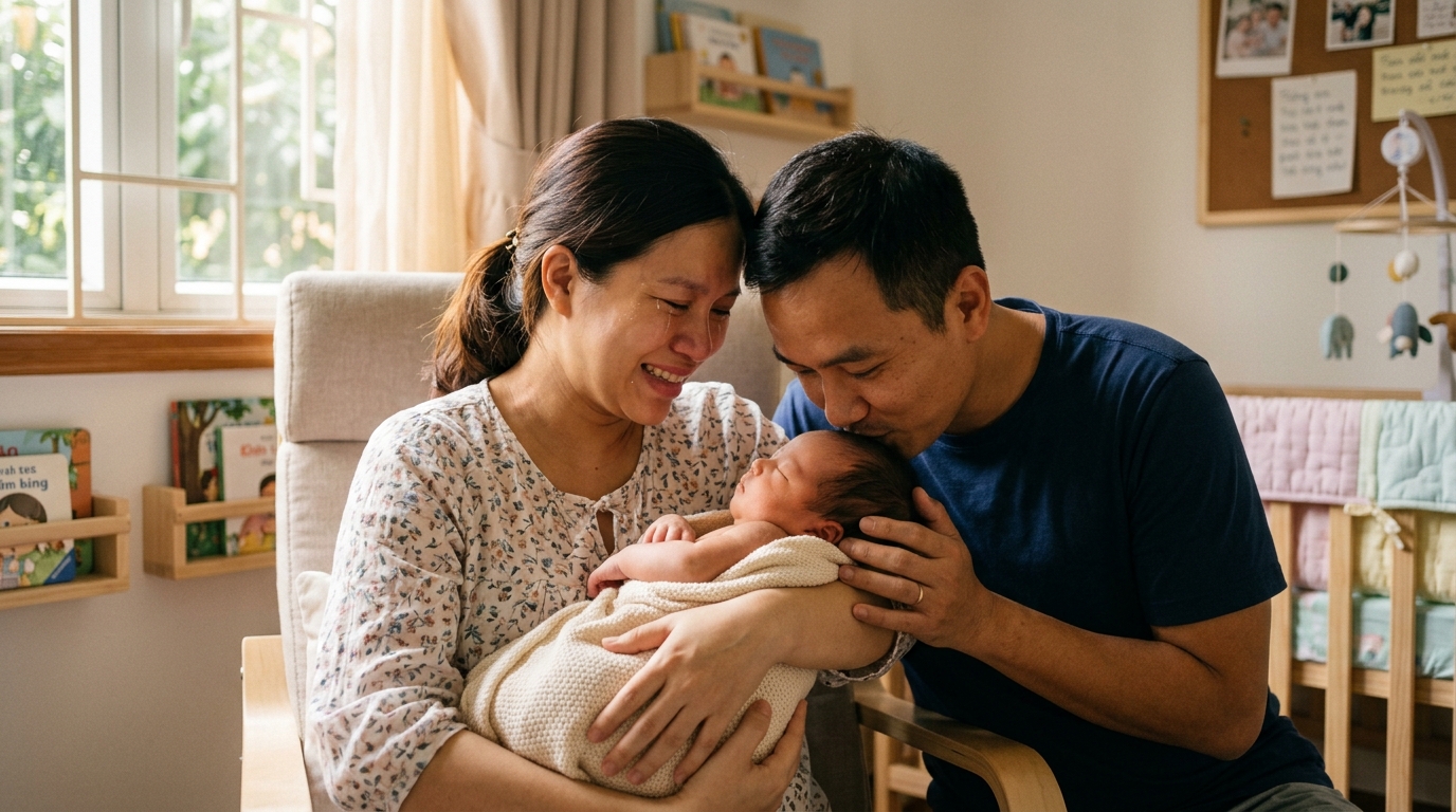 Gia đình hạnh phúc đón em bé chào đời khỏe mạnh từ ca chuyển phôi khảm thành công cùng Bác sĩ Tùng